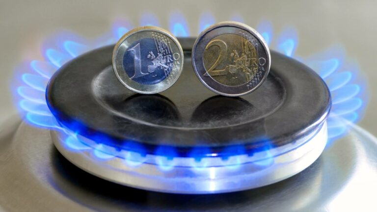 Deux pièces de deux euros posées sur la plaque chauffante d'une cuisinière utilisant le tarif réglementé du gaz.